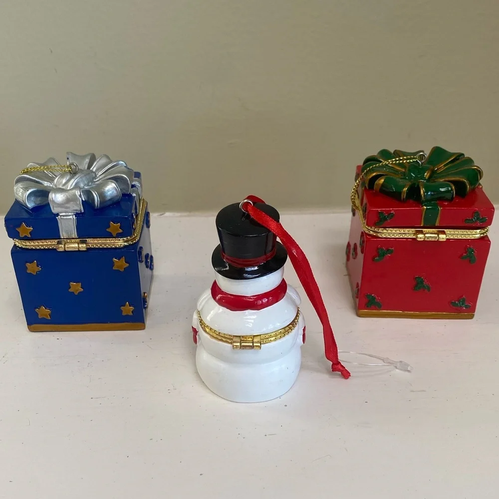 Christmas Ornaments Snowman Luxury Trinket Box Set Collectible Gold Jewel Tones